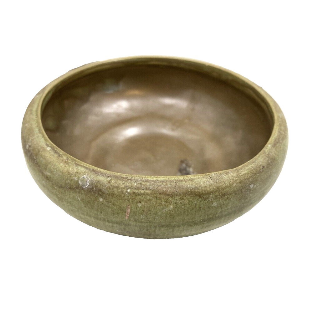 Vtg Art Pottery Green & Brown‎ Two Toned Handmade Signed Clay Bowl 5" 1971